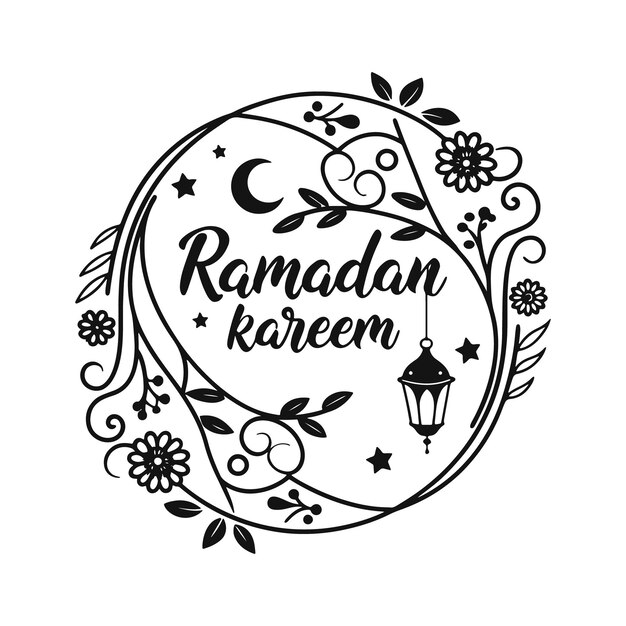 Diseño islámico de Ramadan Kareem con luna y mezquita con linternas