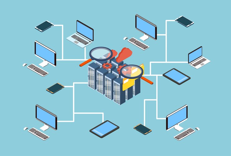 Vector diseño isométrico 3d de datos de búsqueda de servidor de base de datos