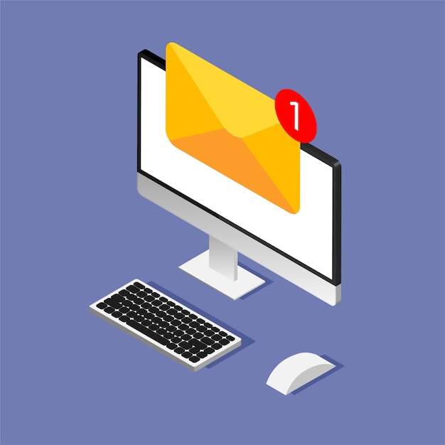 Diseño isométrico de computadora con sobre y documento en una pantalla. Recibir o enviar nueva carta. E-mail, marketing por correo electrónico, conceptos de publicidad en Internet en un estilo moderno.