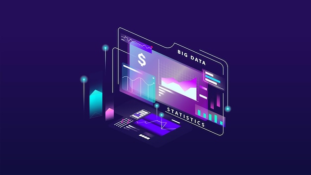 diseño isométrico de datos estadísticos comerciales de fondo de computadora y tabla de gráficos