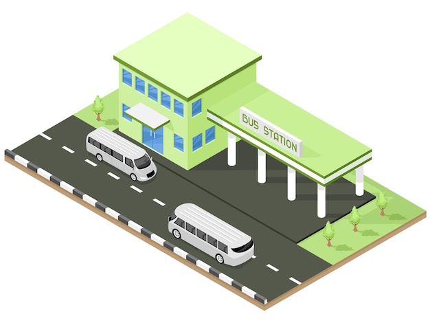 Diseño isométrico del edificio de la estación de autobuses gráficos vectoriales