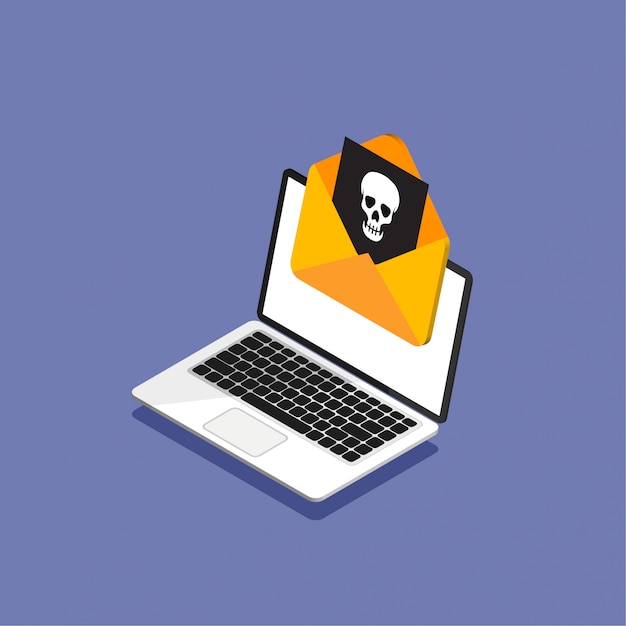 Diseño isométrico de laptop y sobre con un virus. Hackear correo o computadora. Recibir una carta pirateada o infectada. ilustración. Aislado.