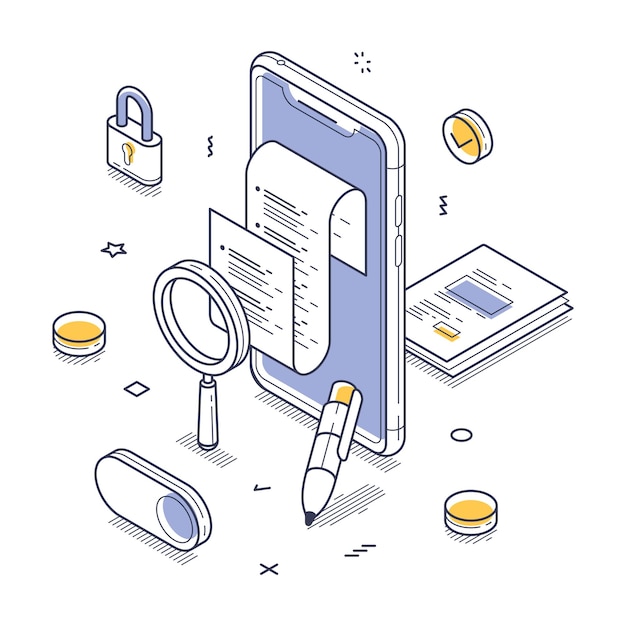 Diseño isométrico moderno que muestra la gestión de documentos digitales y las características de seguridad