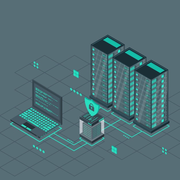 Diseño isométrico de tecnología para computadora cuántica Concepto de servidor Blockchain Sala de servidores Base de datos de almacenamiento Ilustración vectorial