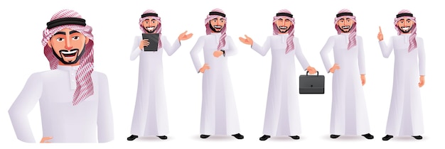 Diseño de juego de caracteres vectoriales de hombre árabe saudita. personajes de negocios masculinos árabes felices y sonrientes.