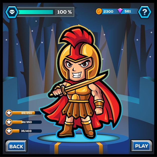 El diseño del juego del héroe espartano de dibujos animados de Kawaii con una espada