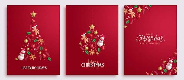 Diseño de juegos de carteles vectoriales de felicitaciones de Navidad Feliz Navidad felices vacaciones y tarjeta de año nuevo