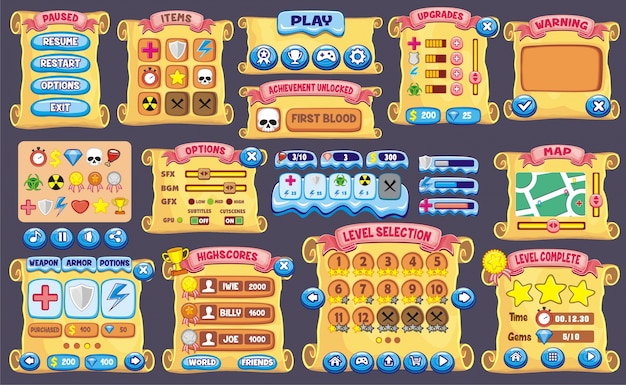 Diseño de juegos de interfaz. Todas las pantallas que necesitas para crear el juego 2d