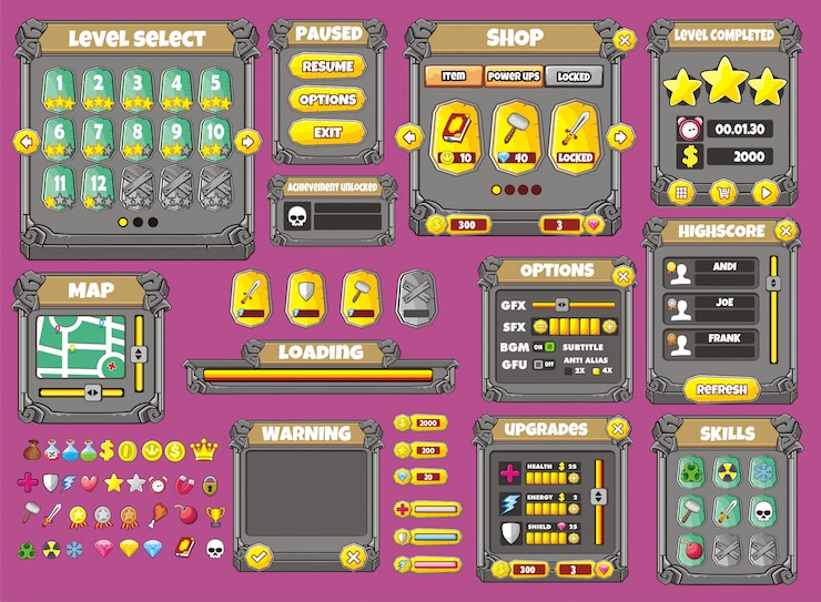 Vector diseño de juegos de interfaz. todas las pantallas que necesitas para tu juego