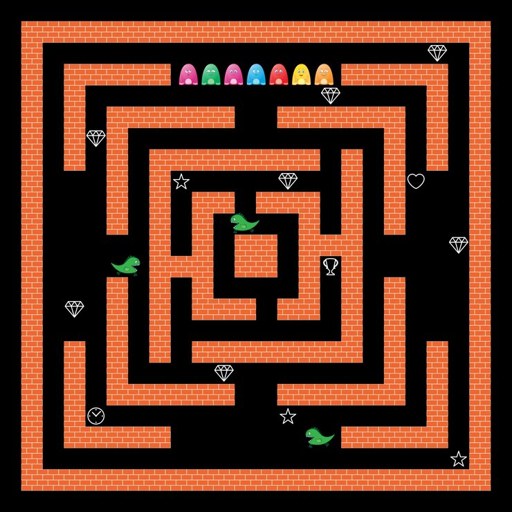 Vector diseño de juegos con monstruos y laberinto interfaz de videojuegos de arcade