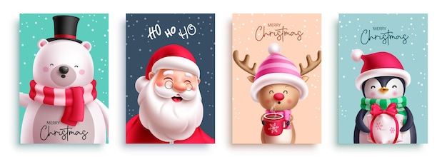 Diseño de juegos de tarjetas de felicitaciones vectoriales de personajes navideños Tarjetas de saludos navideñas con Papá Noel