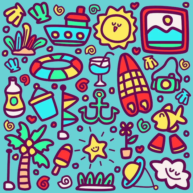 Diseño de kawaii de doodle de dibujos animados de playa