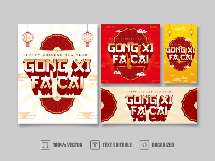 Vector diseño de kit de redes sociales de año nuevo chino con efecto de texto y fondo degradado rojo, blanco y amarillo