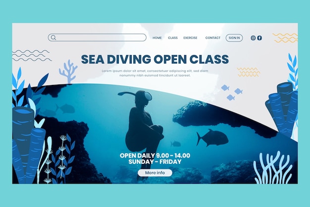 Vector diseño de landing page de buceo dibujado a mano