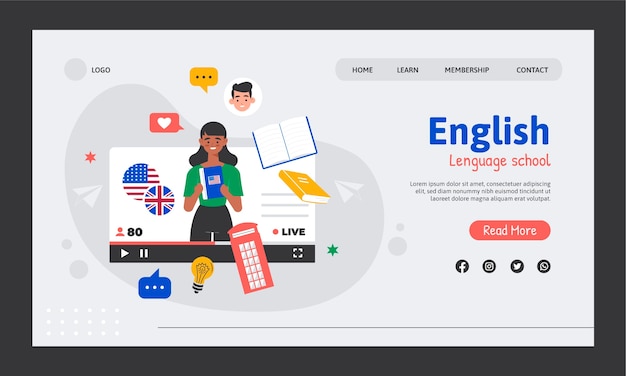 Vector diseño de landing page de escuela de inglés dibujado a mano