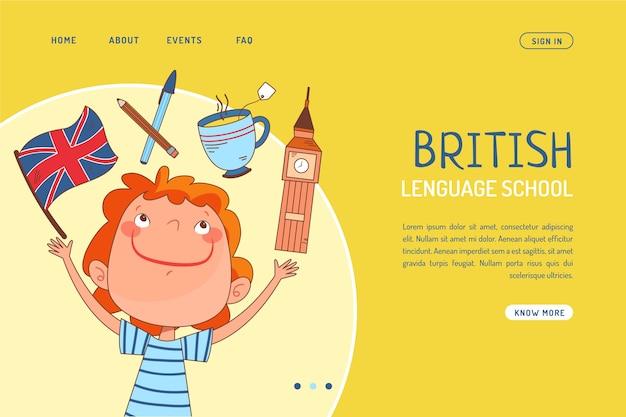 Vector diseño de landing page de escuela de inglés dibujado a mano