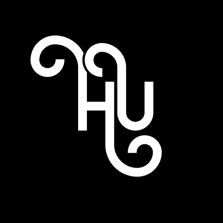 Vector diseño de la letra hu en fondo negro hu iniciales creativas concepto de la letra logo hu diseño de la carta hu diseño de la letra blanca en fondo negro logotipo h u h u