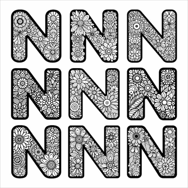 Diseño de la letra N del alfabeto con patrón floral estilo mandala