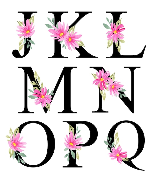 Vector diseño de letras del alfabeto de flores rosadas acuarela j - q