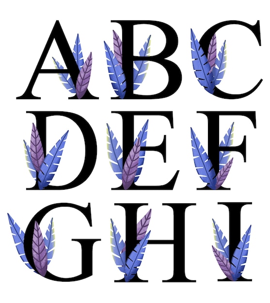 Vector diseño de letras del alfabeto a - i con decoración de hojas azul púrpura dibujada a mano