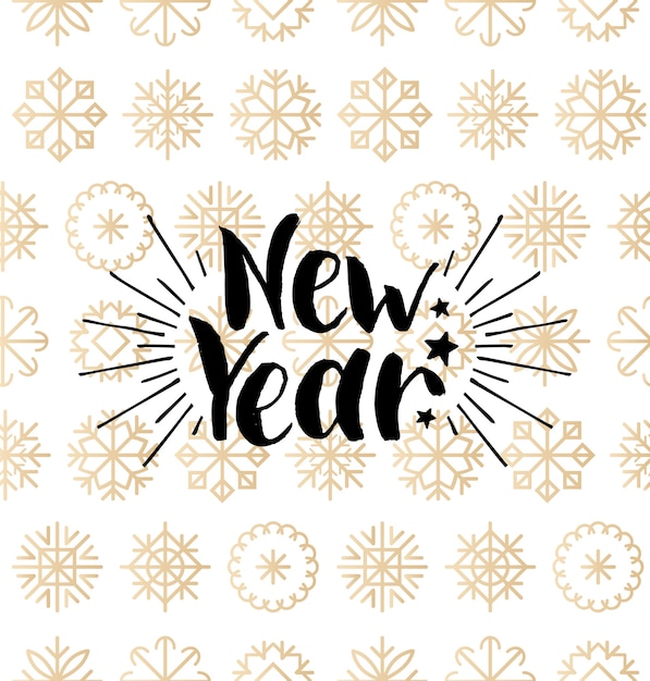 Diseño de letras de año nuevo sobre fondo de copos de nieve. Navidad de patrones sin fisuras. Tipografía de felices fiestas para el concepto de plantilla o cartel de tarjeta de felicitación.