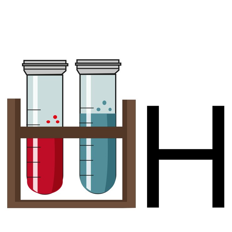 Vector diseño de letras en forma de tubos de ensayo médicos en un soporte de madera plegado en forma de h