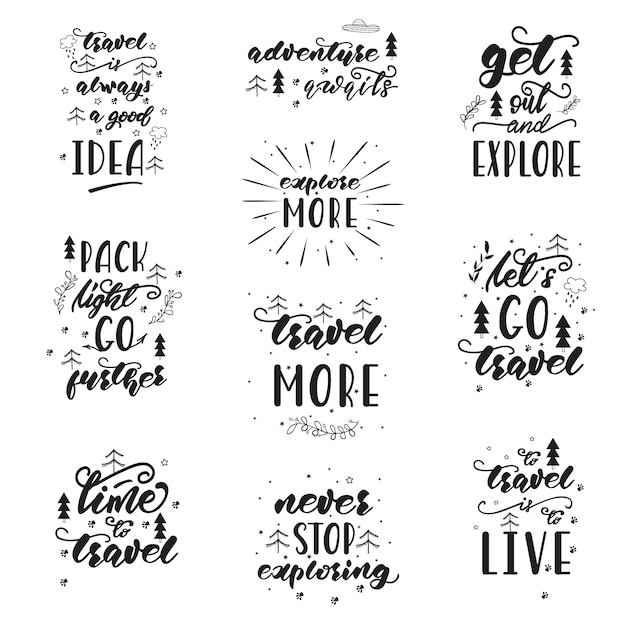 Vector diseño de letras con frases de viaje.