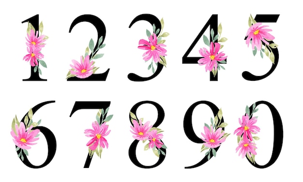 Vector diseño de letras de números florales rosas acuarela