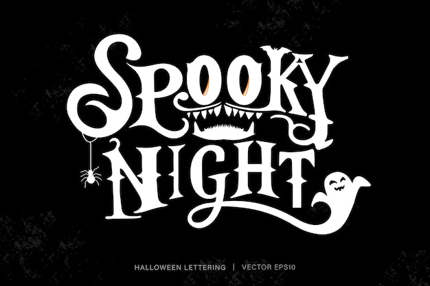 Diseño de letras de texto espeluznante de la noche de Halloween en ilustración vectorial de fondo negro