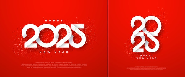 Vector diseño limpio de feliz año nuevo 2025 con números blancos únicos en el fondo rojo diseño vectorial premium para saludos y celebraciones de feliz año nuevo 2025