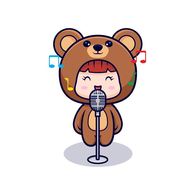 Diseño de linda chica con disfraz de oso cantando