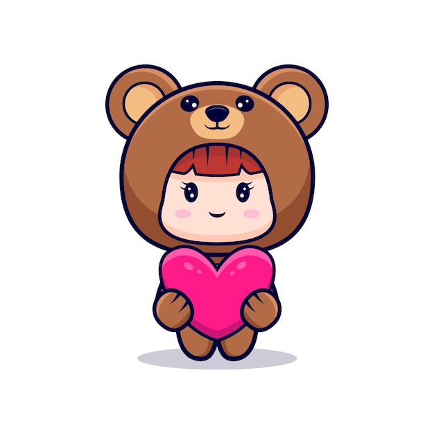 Vector diseño de linda chica con traje de oso abrazo corazón rosa para regalo