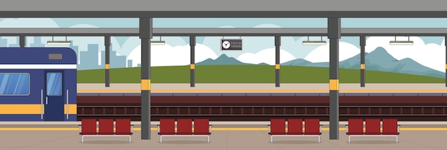 Diseño lindo y agradable de la estación de tren con muebles y diseño de vectores de objetos interiores