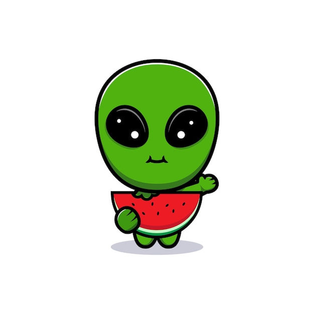 Diseño de lindo alienígena comiendo sandía.