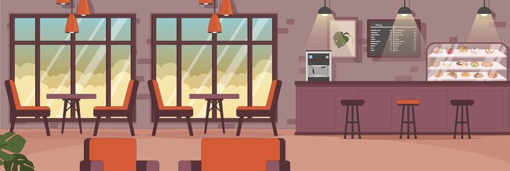 Vector diseño lindo y bonito de cafetería café con muebles y objetos interiores diseño vectorial