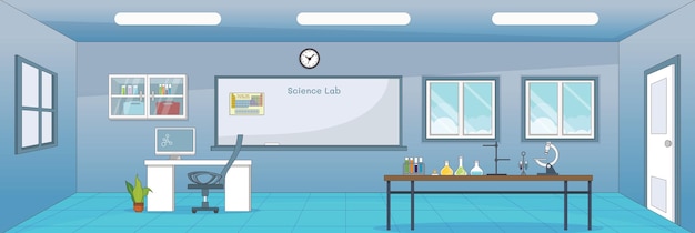 Diseño lindo y bonito de laboratorio de ciencias con muebles y objetos interiores diseño vectorial