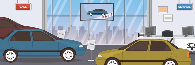 Vector diseño lindo y bonito de vendedor de coches con muebles y objetos interiores diseño vectorial