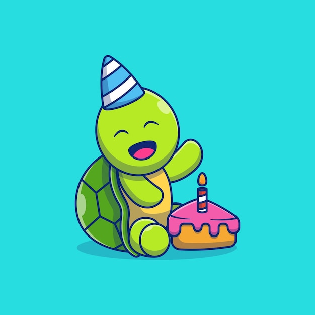 Diseño lindo del ejemplo del vector de la pequeña tortuga que come la torta de cumpleaños