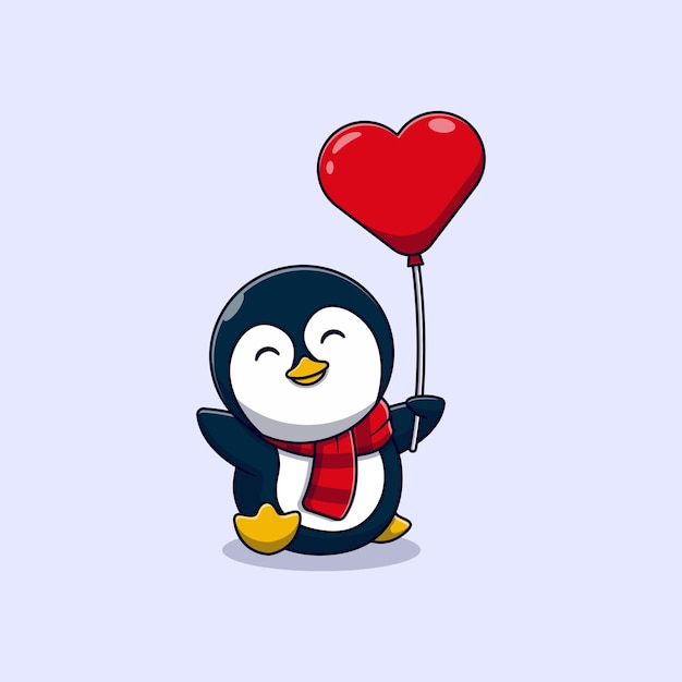 Diseño lindo del ejemplo del vector del pequeño pingüino que sostiene un globo del amor