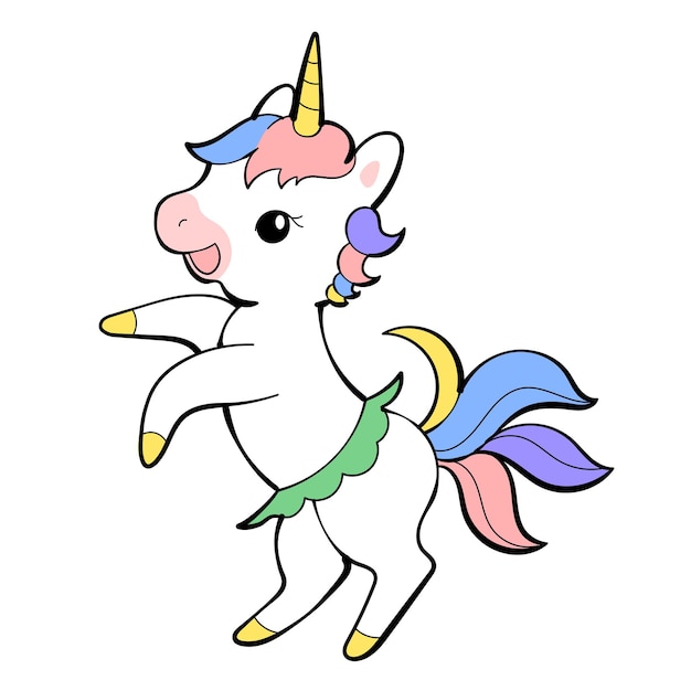 Diseño lindo de la etiqueta engomada del vector del unicornio. Personaje de dibujos animados de poni. Diseño emoji Unicornio Kawaii.