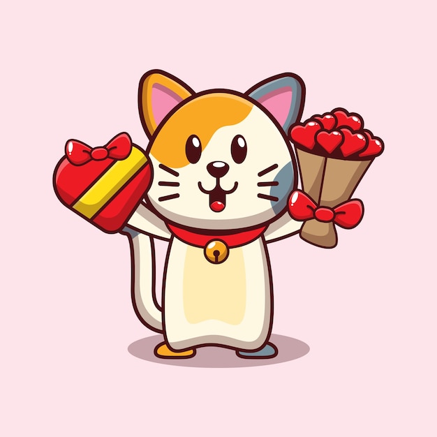 diseño de lindo gato con regalo de San Valentín y ramo de flores de amor