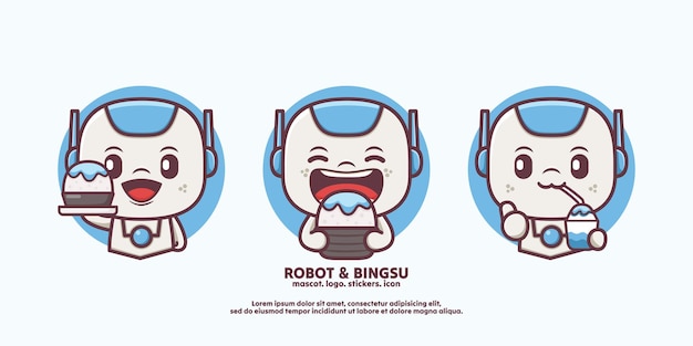 diseño lindo robot de dibujos animados con postre coreano bingsu