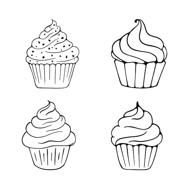 El diseño de la línea de arte de Cupcake Doodle Cupcake Ilustración de dibujos animados en color negro