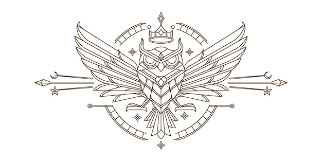 diseño de línea de arte de pared del búho sagrado dibujo vintage del búho rey diseño geométrico con alas detalladas
