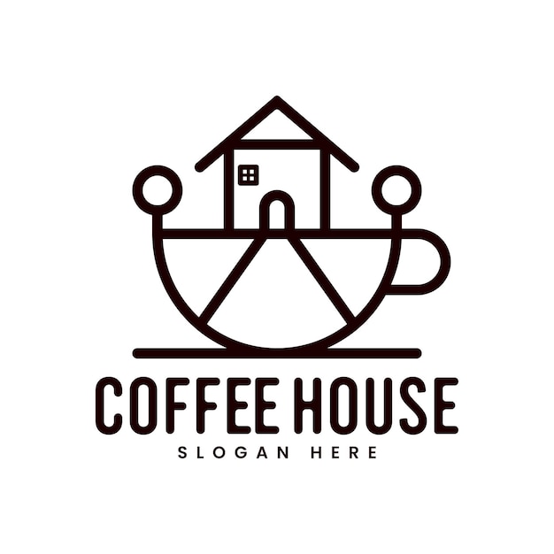 Diseño de la línea de la casa del logotipo de la casa de café y una taza de café plantilla de icono de arte de línea vectorial