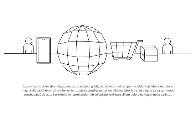 Diseño de línea continua del comercio global Concepto de diseño de la tienda en línea Elementos decorativos dibujados sobre un fondo blanco