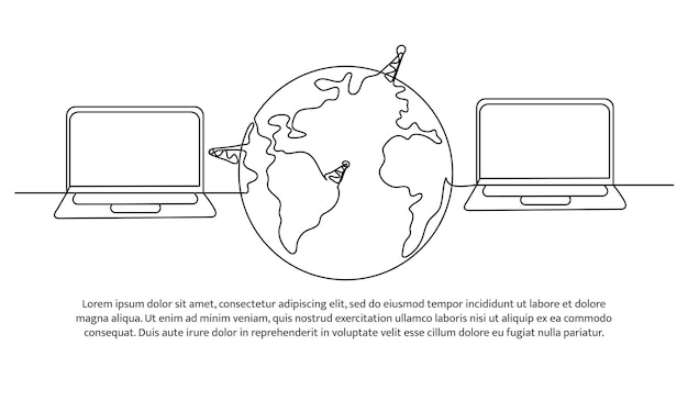 Diseño de línea continua de portátil y globo Tecnología concepto de diseño de red internacional Elementos decorativos dibujados sobre un fondo blanco