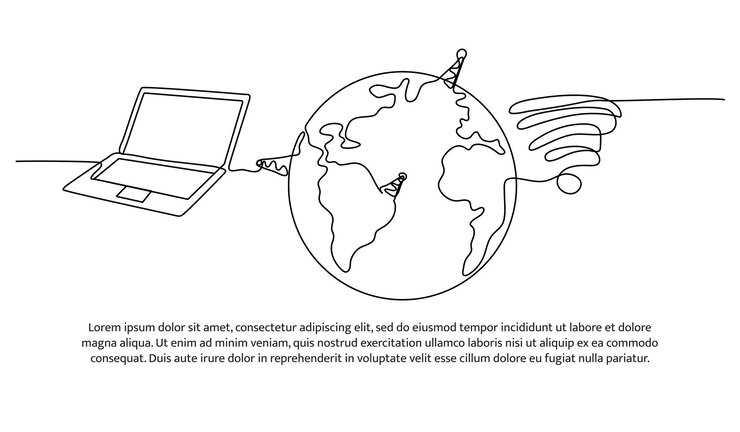 Vector diseño de línea continua de portátil inalámbrico y globo tecnología concepto de diseño de red internacional elementos decorativos dibujados sobre un fondo blanco