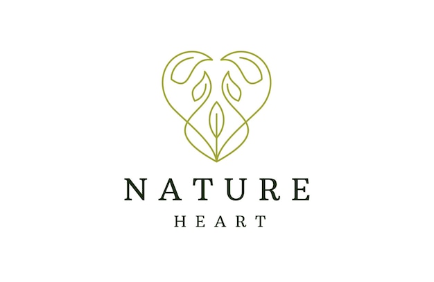 Diseño de línea de hoja de corazón con plantilla de logotipo de flor