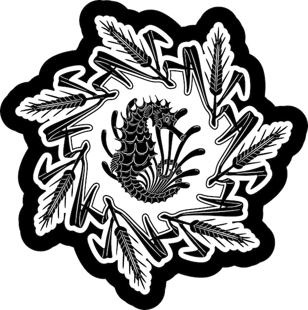 Diseño de línea negra de pez caballito de mar con marco floral silueta hecha a mano modelo 43